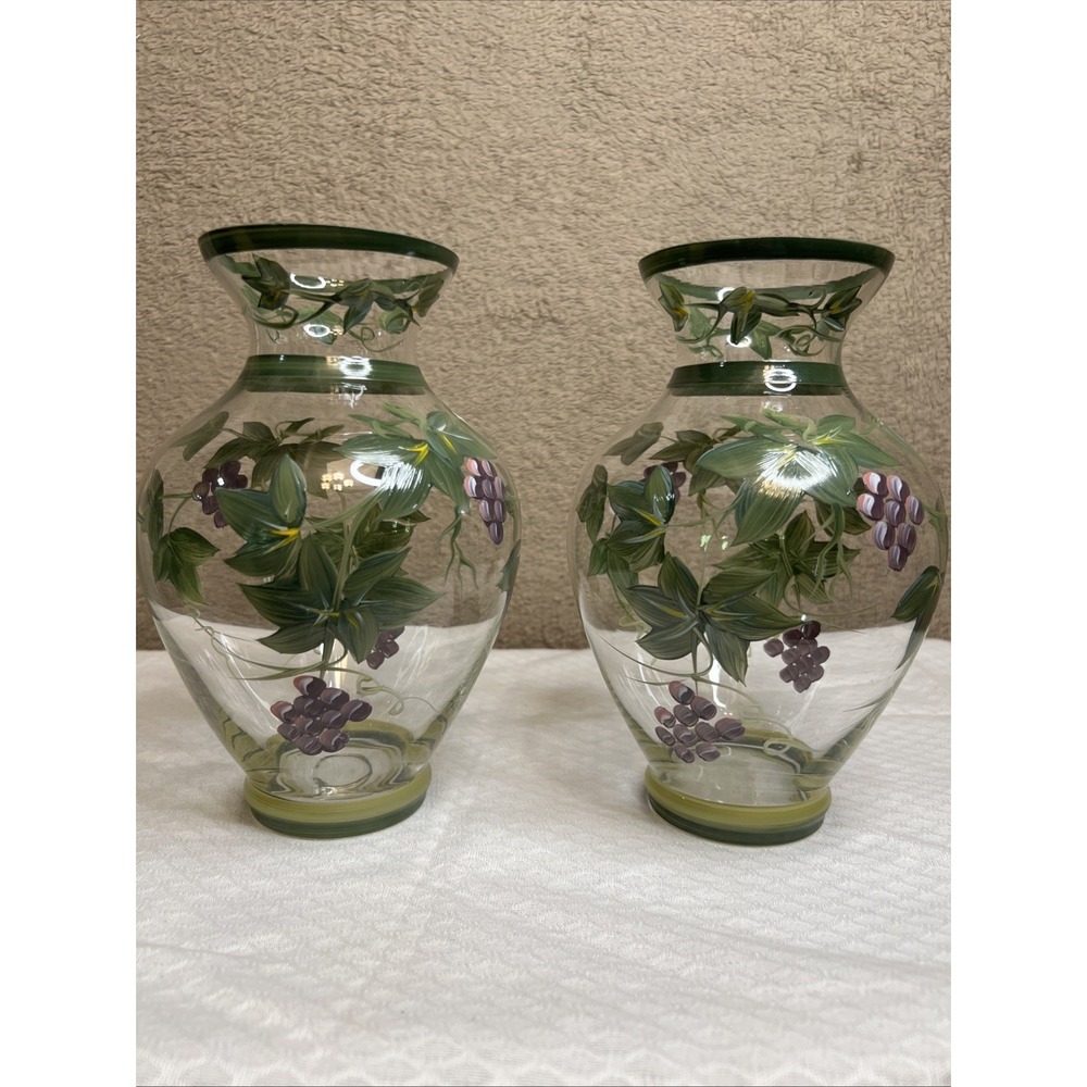 Pair Everyday Gibson Green Ivy Purple Grape 7.75" Glass Vases